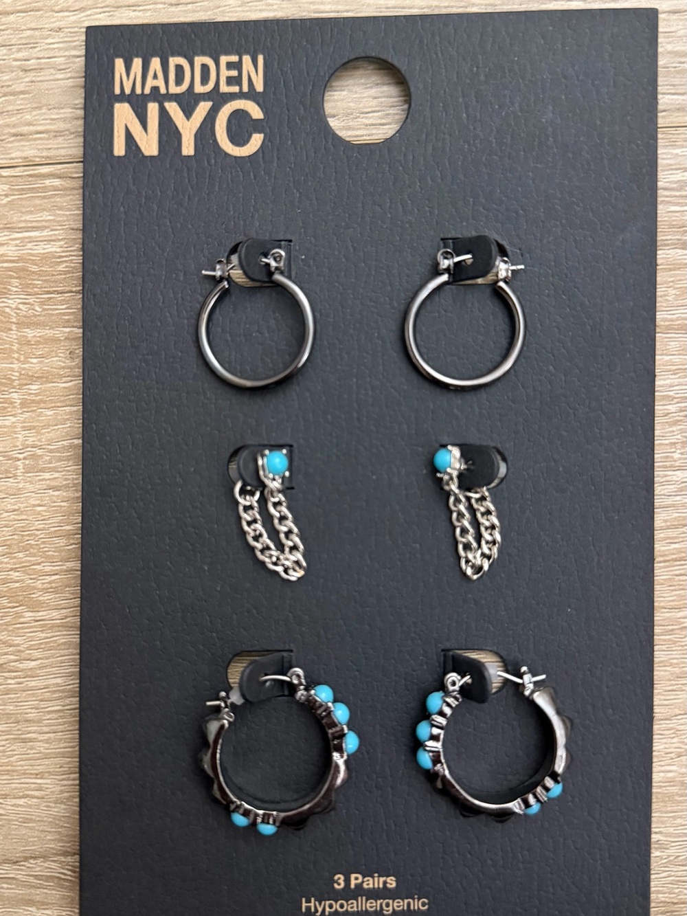 Madden NYC 3 Pair Hoop & Chain Earring Set NWT - Picture 2 of 2